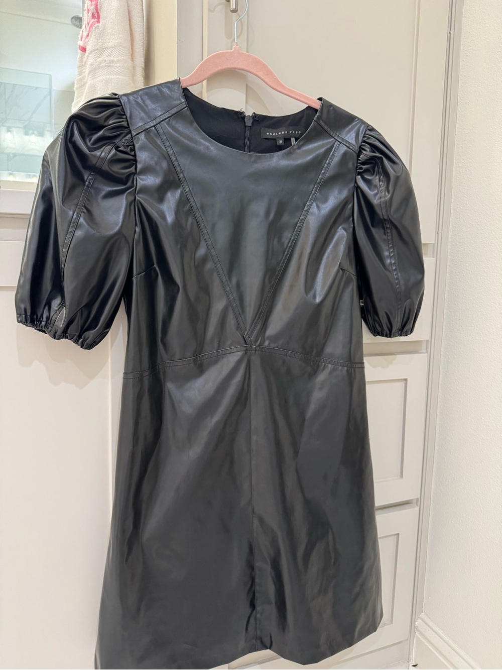 Endless Rose Black Faux Leather Puff Sleeve Mini Dress | Size Medium